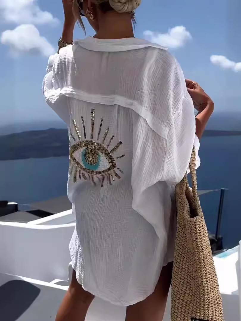 XPONNI Long Sleeve Linen Button Down Shirt Women Oversized Sequin Evil Eye Shirts Dress Beach Cover Ups Summer 2024 - Image 6