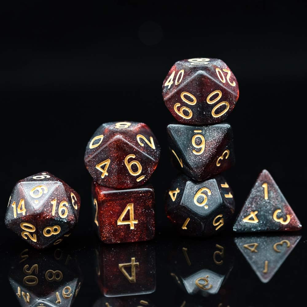cusdie DND Dice Set Polyhedral Dice 7-Die Glitter Dice for Dungeons and Dragons Pathfinder RPG MTG Table Gaming Dice(Red&Black)