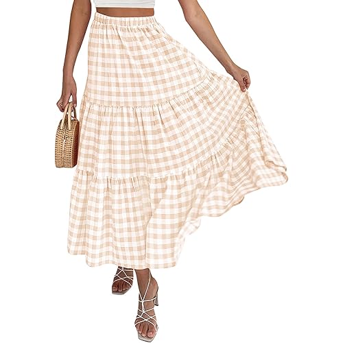 ZESICA Women's 2024 Summer Plaid Flower Elastic High Waist Flowy A Line Maxi Skirt with Pockets