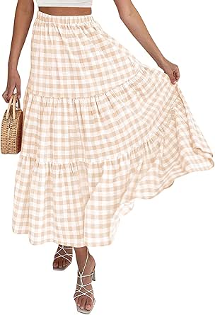 ZESICA Women's 2023 Summer Plaid Elastic High Waist Flowy A Line Maxi Skirt with Pockets