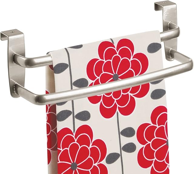 mDesign Tea Towel Holder  Over Door Towel Rail with No Drilling Required  Kitchen Towel Holder  Ideal for Kitchens & Bathrooms - Brushed Nickel