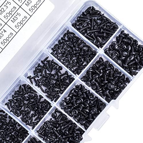 500Pcs Black Self-Tapping Screws Cross Head Self Tapping Screws Phillips Head Micro Screws Pan Head Self Drilling Screws Carbon Steel Screws with Clear Box for Plastic Wood Soft Metal M2 M2.3 M2.6 M3