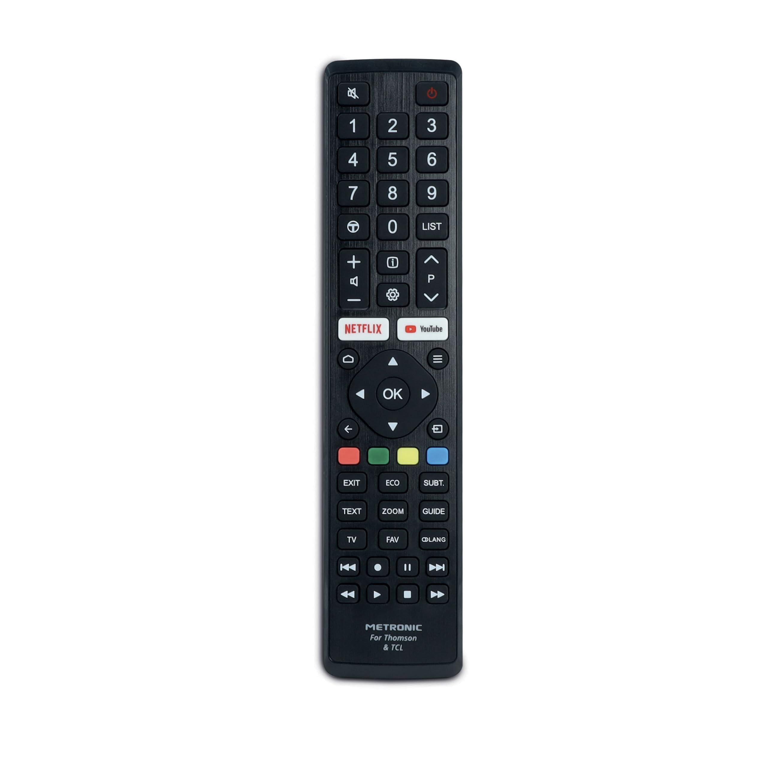 Metronic 495349 Telecomando Sostitutivo Universale per Control tutti TV Compatibile Marca Thomson e TCL con Tasti Netflix/Prime-Video, Smart Televisore - Nero