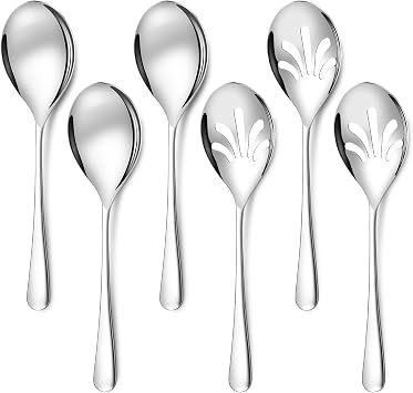 Mwellewm 9.5 Serving Spoons for Buffet Large Stainless Steel Utensils Set | Dishwasher Safe, Heat-resistant, Heavy Duty,6Pc Silver Metal Serving Slotted Spoon,Catering Supplies for Party Kitchen Dinner