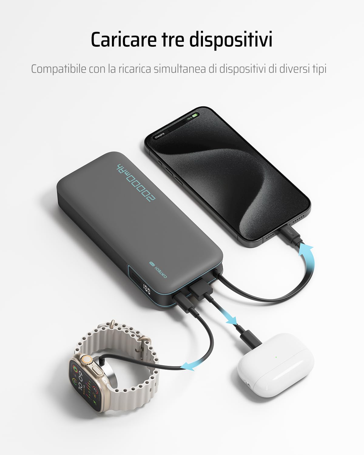 CUKTECH 45W 20000mAh Power Bank con Cavi Integrati, Ricarica Rapida Batteria Esterna con 2 Porte, Display Digitale, USB C Caricatore Portatile Caricabatterie per MacBook Air, Galaxy S23, iPhone 17 Pro