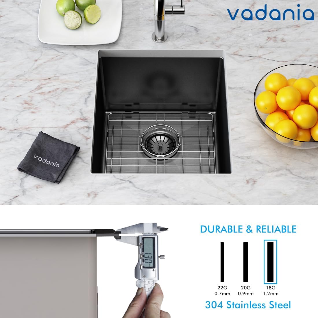 VADANIA 16-inch Kitchen Bar Sink, Black-plated Finish, 16"x18"x10", Single Bowl, Undermount, 18 Gauge T304 Stainless Steel, with Strainer & Bottom Grid, cUPC listed