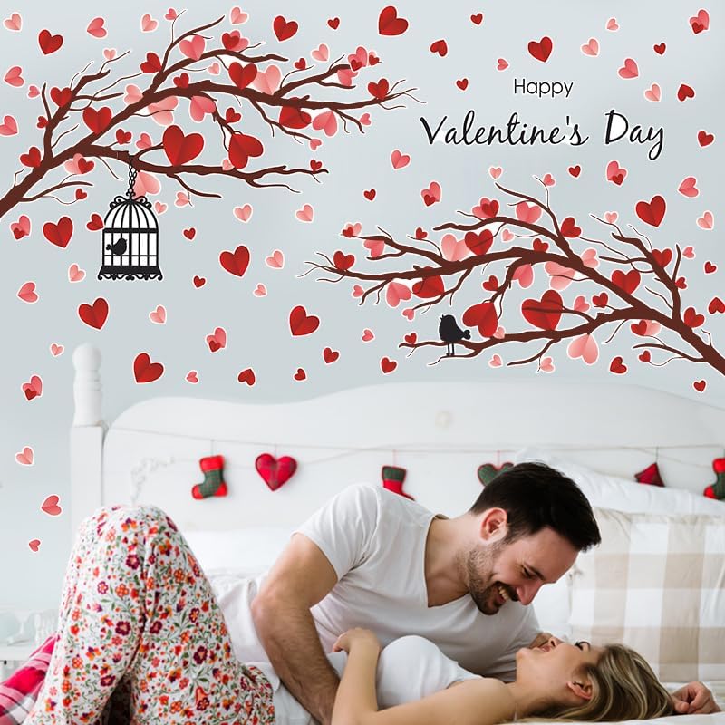 Miniatura 3 de 2 hojas de calcomanías de pared para el día de San Valentín, diseño de corazón de amor, árbol de corazón rosa, decoración del hogar, dormitorio,
