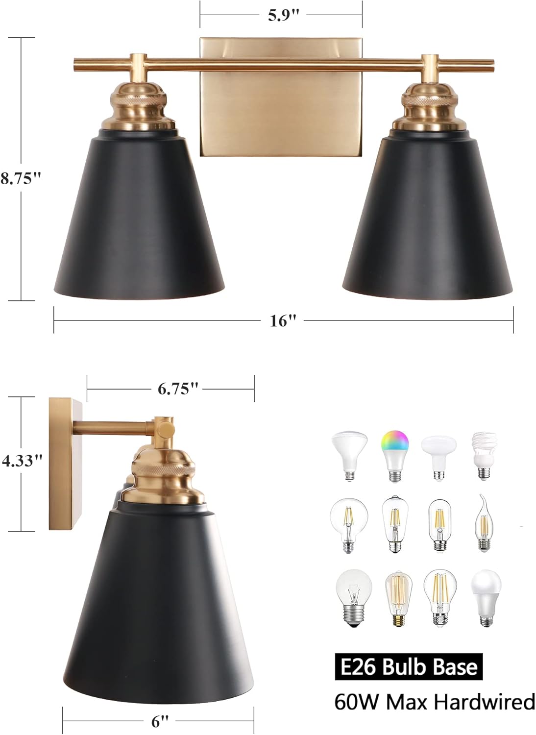 2-Light Black and Gold Bathroom Vanity Lights, Modern Bathroom Light Fixtures Over Mirror with Metal Shade, Farmhouse Wall Sconce Lighting for Bathroom, Bedroom, Kitchen