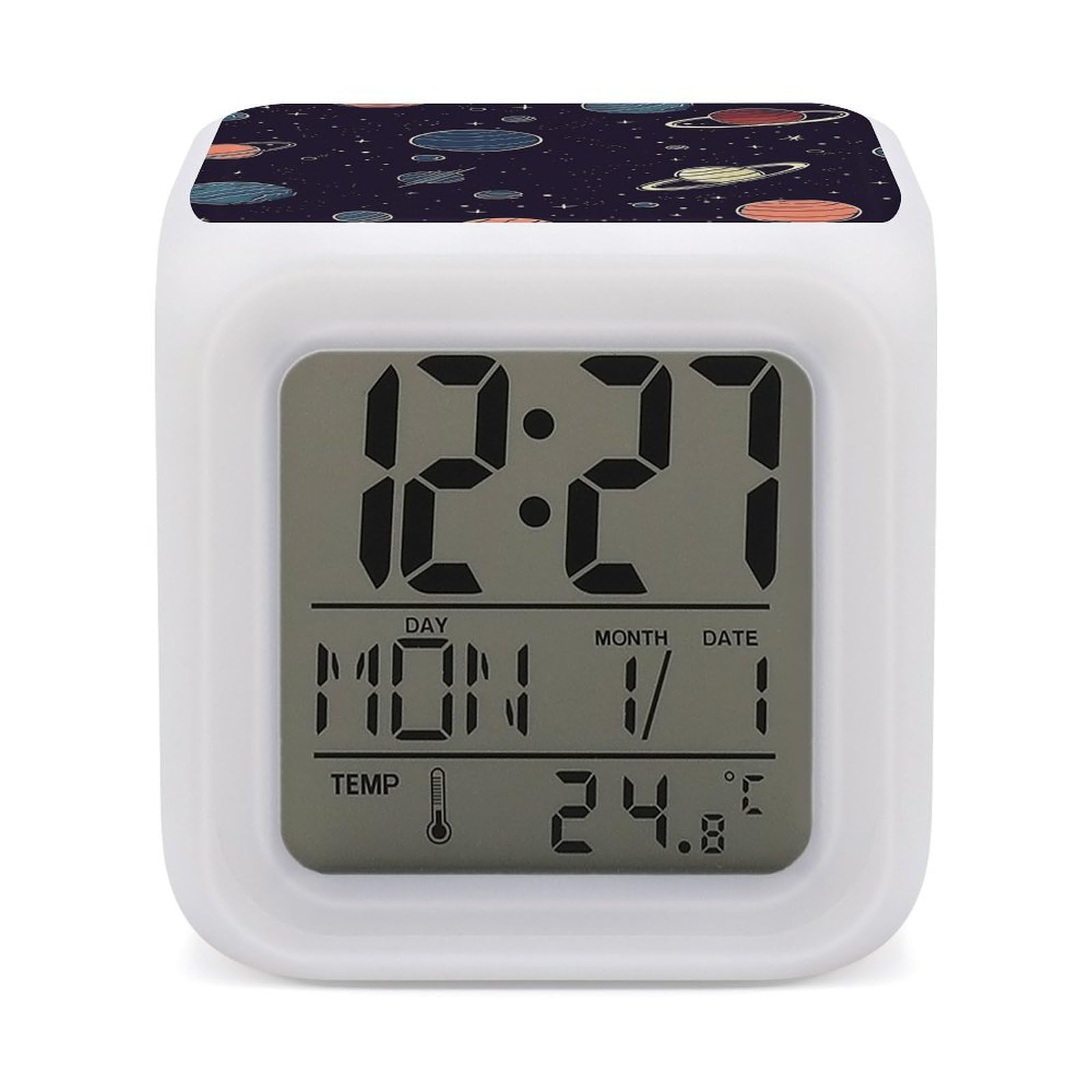 FekiLoot Space Planet Pattern Alarm Clock with 7 Color Changing Night Light,Battery Operated Digital Clocks with Temperature Display Tiny Electric Clock LED Sleep Timer for Room Decor