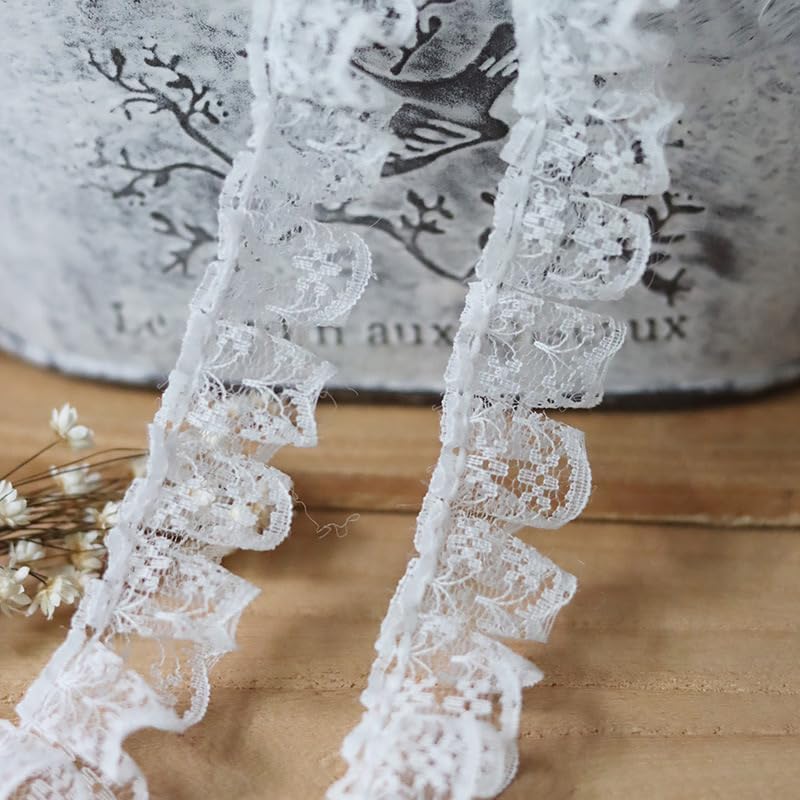 White 10 Meters Pleated Organza Lace Edge Gathered Mesh Trim Ribbon 2 cm Width Vintage Style Edging Trimmings Fabric Embroidered Applique Sewing Craft Wedding Bridal Dress Embellishment DIY Decor