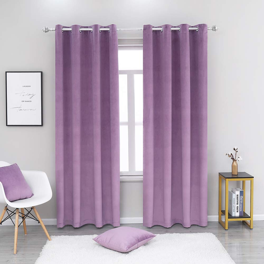 WdFour Super Soft Luxury Romantic Purple Velvet Curtains with 2 Free Pillow Covers, Energy Efficient Grommet Curtain Window Drapes for Living Room, 52W x 108L, 2 Panels, Lavender