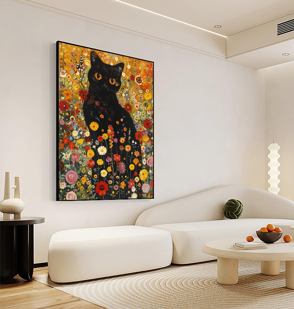 Arte De Pared De Gato Negro Para Decoración De Baño, Arte De Pared Lindo De Gato, Arte De Pared, Paisaje De Flores Silvestres, Pintura, Decoración De La Naturaleza Para Baño, Dormitorio