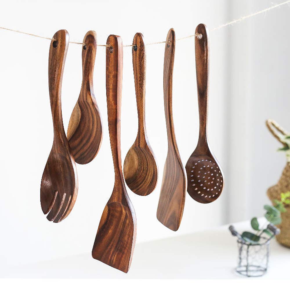 Utensilios de cocina de teca, espátula de madera, utensilios de cocina antiadherentes, utensilios de cocina naturales, herramienta de cubiertos hechos a mano (marrón) 3