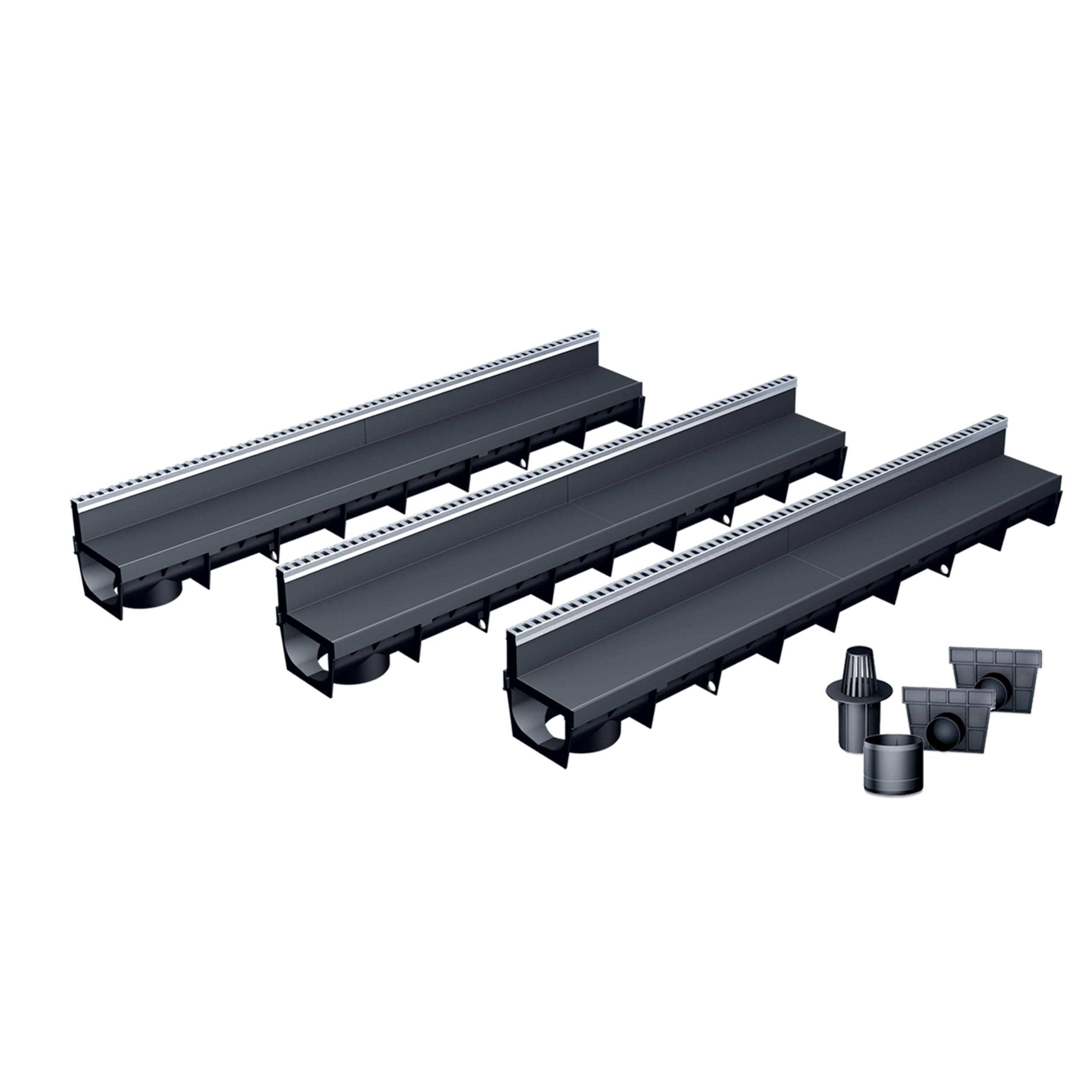 MEA Pack de 3 Caniveaux Extérieurs MEAPARK – Grille à Fente en PP Recyclé + Profil E-Blade L en INOX – Drainage Terrasse, Piscine, Jardin– Classe A15 Piéton – Largeur utile 10 cm