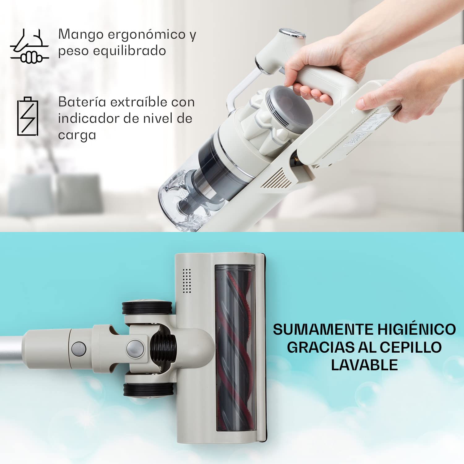 KLARSTEIN Aspiradora sin Cable, Aspirador Escoba de Mano Filtro E12 EPA 4 Etapas, Cabezal Giratorio de 180°, Sensor de Polvo Inteligente, Aspiradoras Potentes, Aspirador Escoba sin Cable Potente