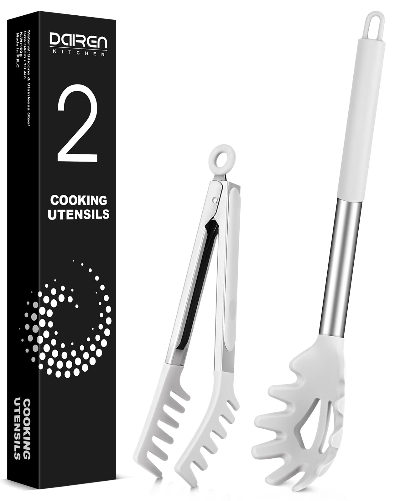 Spaghetti Spoon and Pasta Tong, Non-stick Silicone Spoon Server Fork with teeth and Stainless Steel Handle Spaghetti Tong, Food Clip for Spaghetti Noodle, White
