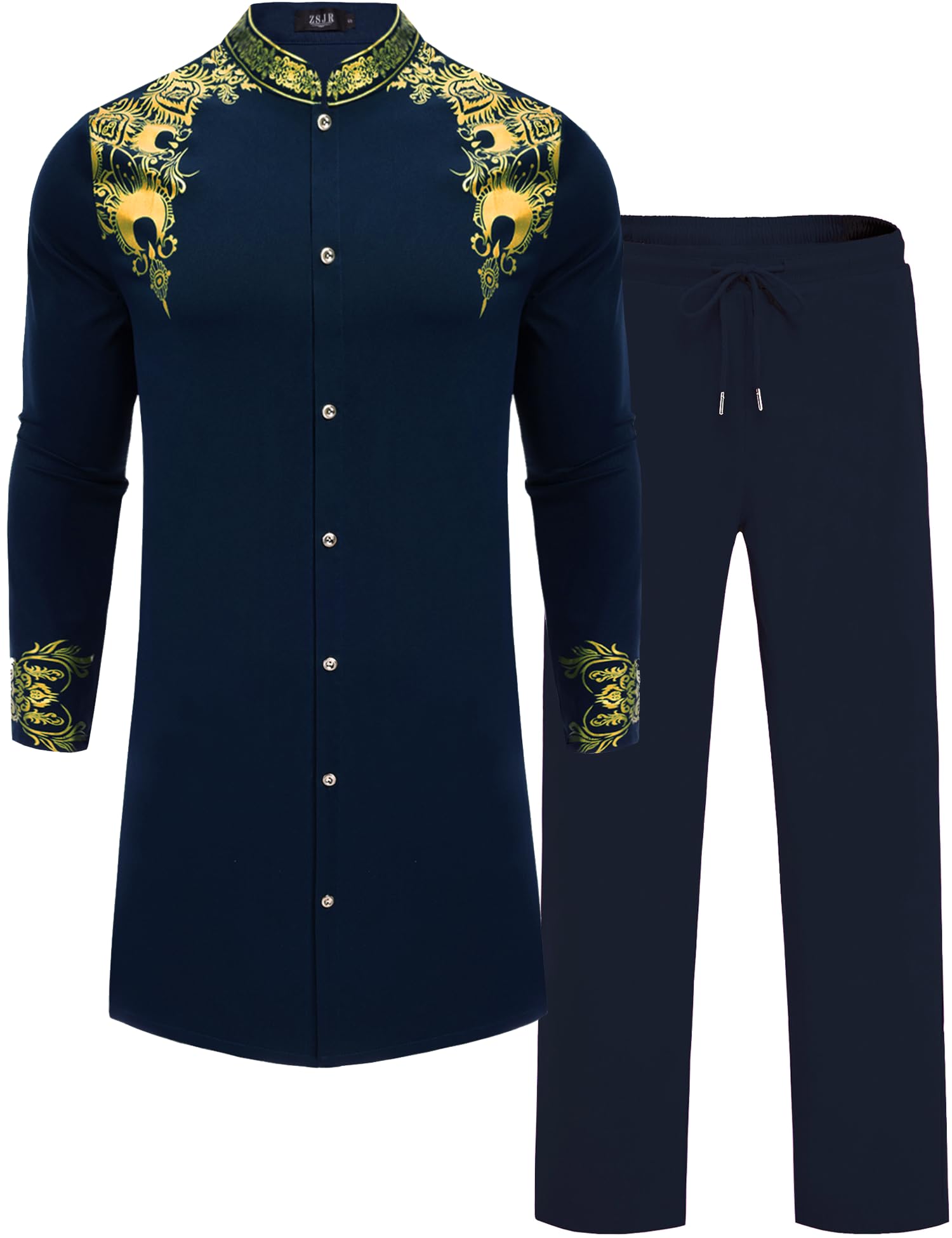 Langes afrikanisches Herren-Set, nigerianisches Dashiki, traditioneller Anzug, Goldstempel, bedrucktes Hemd und Hose, 2-teiliges Set