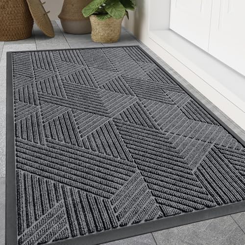 Smiry Front Door Mat Outside Entrance, Heavy Duty Sturdy Natural Rubber Doormat, Trap Dirt and Moisture, Easy Clean Low Profile Welcome Floor Mats for Indoor Outdoor Entry, 47x32 Inch, Silver Grey