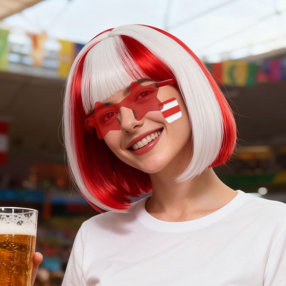 Image of ANOGOL Hair Cap + (Sunglasses) Red White Bob Wig with Bangs Womens Red White Party Wigs with Sunglasses Short Neon Wig Fun Wigs Halloween Costume Bachelorette Hair Sports Event Christmas