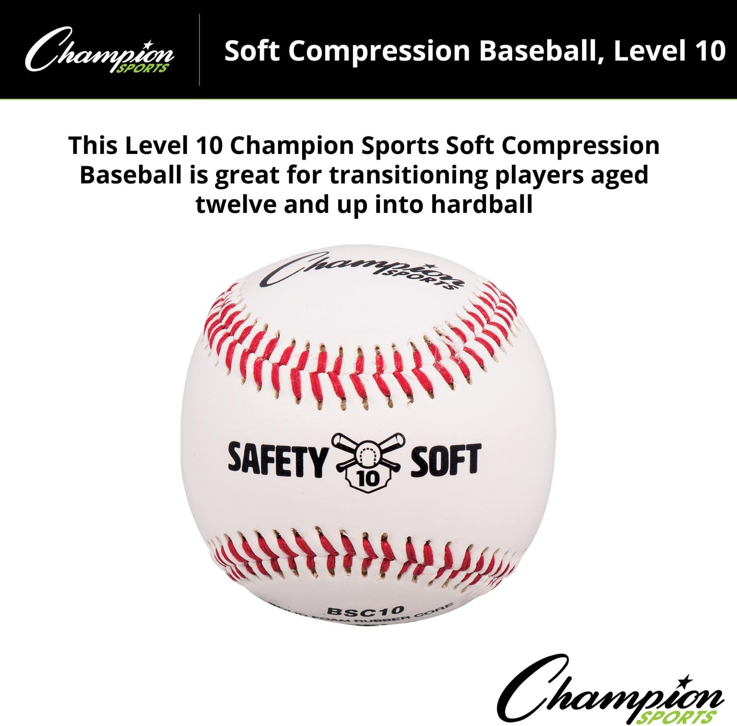 Champion Sports Syntex Leather Cover Official Size and Weight Soft Compression Baseballs - Polyurethane Center - Pack of 12 - Level 10 (Ages 12+)