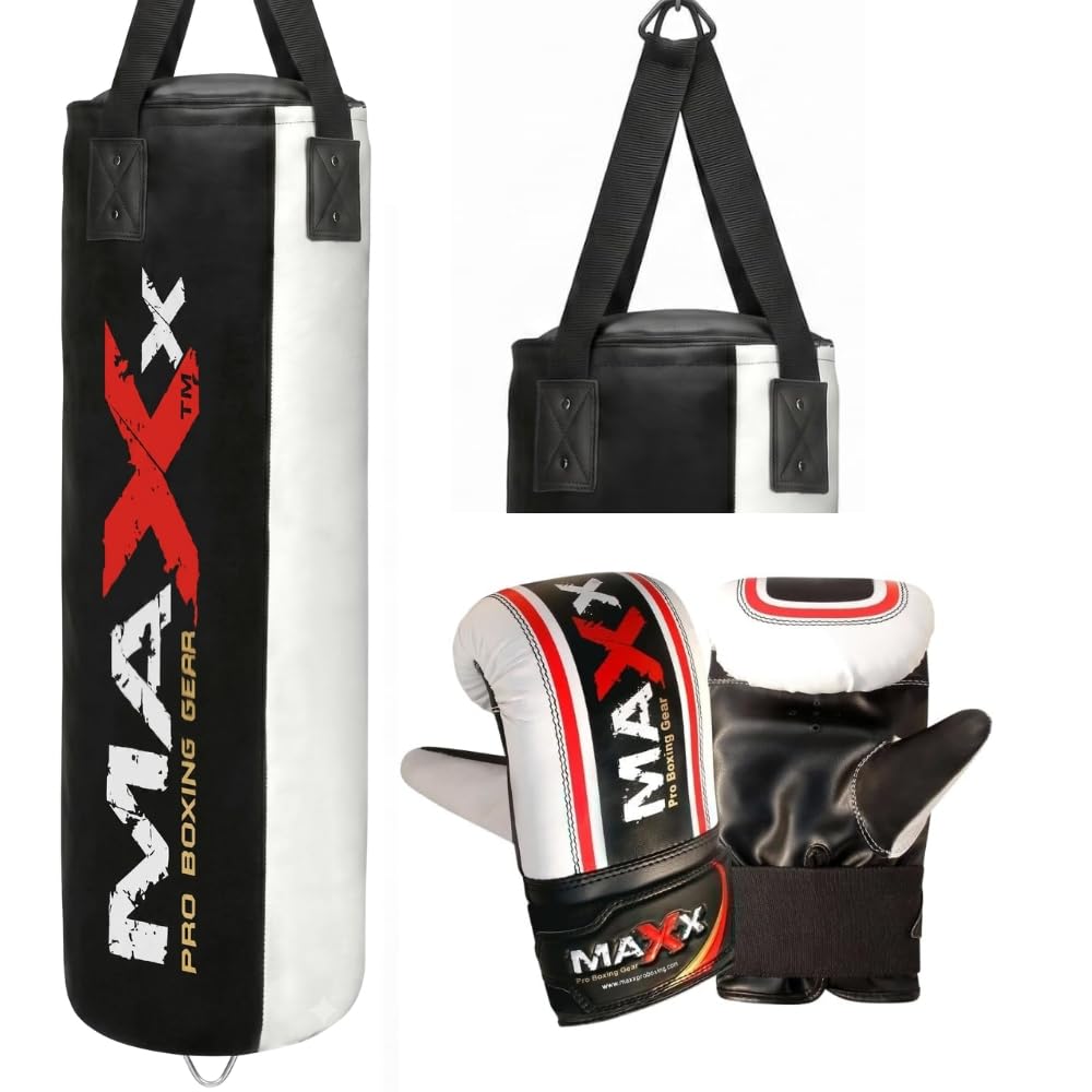 Maxx Black and White 3ft 4ft 5ft 6ft Filled Hanging Boxing Punch Bag Set Heavy Punching bag (BAG + MITTS, 6FT)