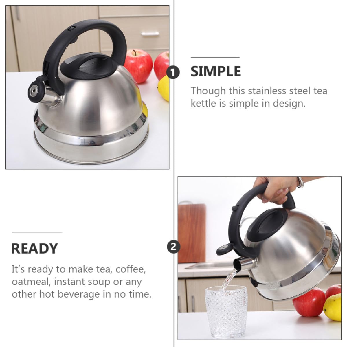 Hervidor de Agua Silbante de Acero Inoxidable Capacidad de 3l, Mango Cómodo y Diseño Plata para Cocina de Inducción y Sopa Instantánea