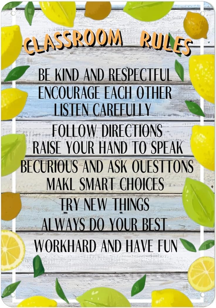 Lemon Zest Classroom Rules Rustic Metal Tin Sign Kitchen Vintage Signs Cave Decor Wall Art Poster for Farmhouse Garden Bar Club 8x12 Inch