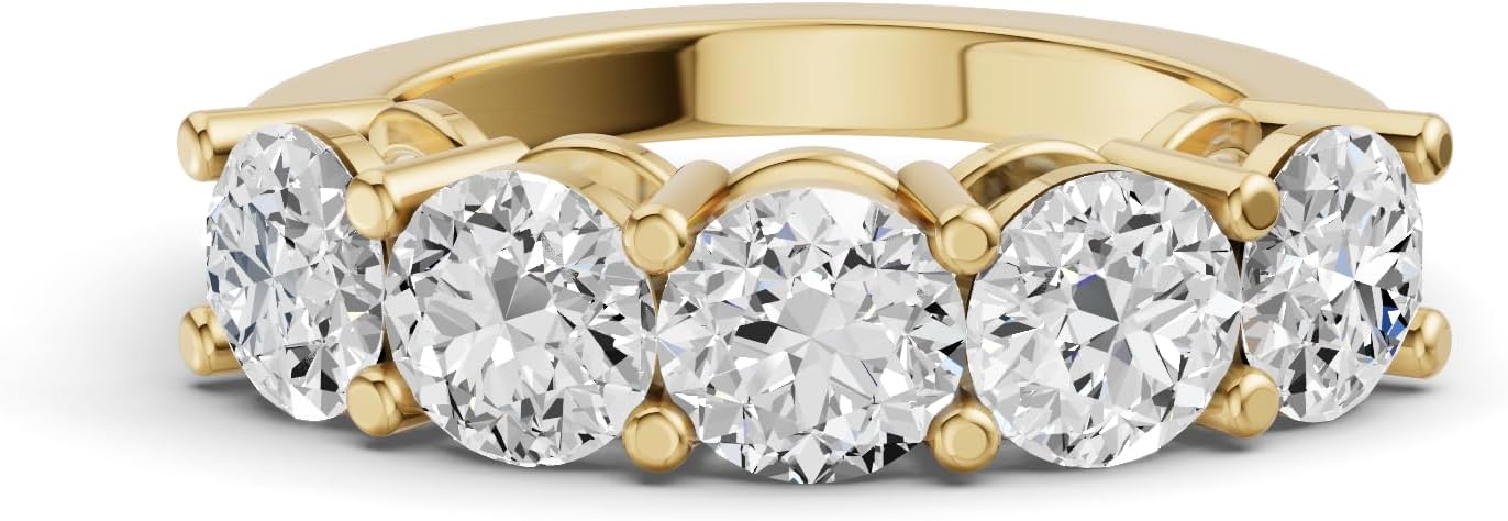 Diamond2Deal 1/2 Carat to 3 Carat Round Shape Lab Grown Diamond Five Stone Wedding Band Ring | 14k White or Yellow Gold Share Prong Settings Five Stone Band Ring | D-E Color and VS Clarity