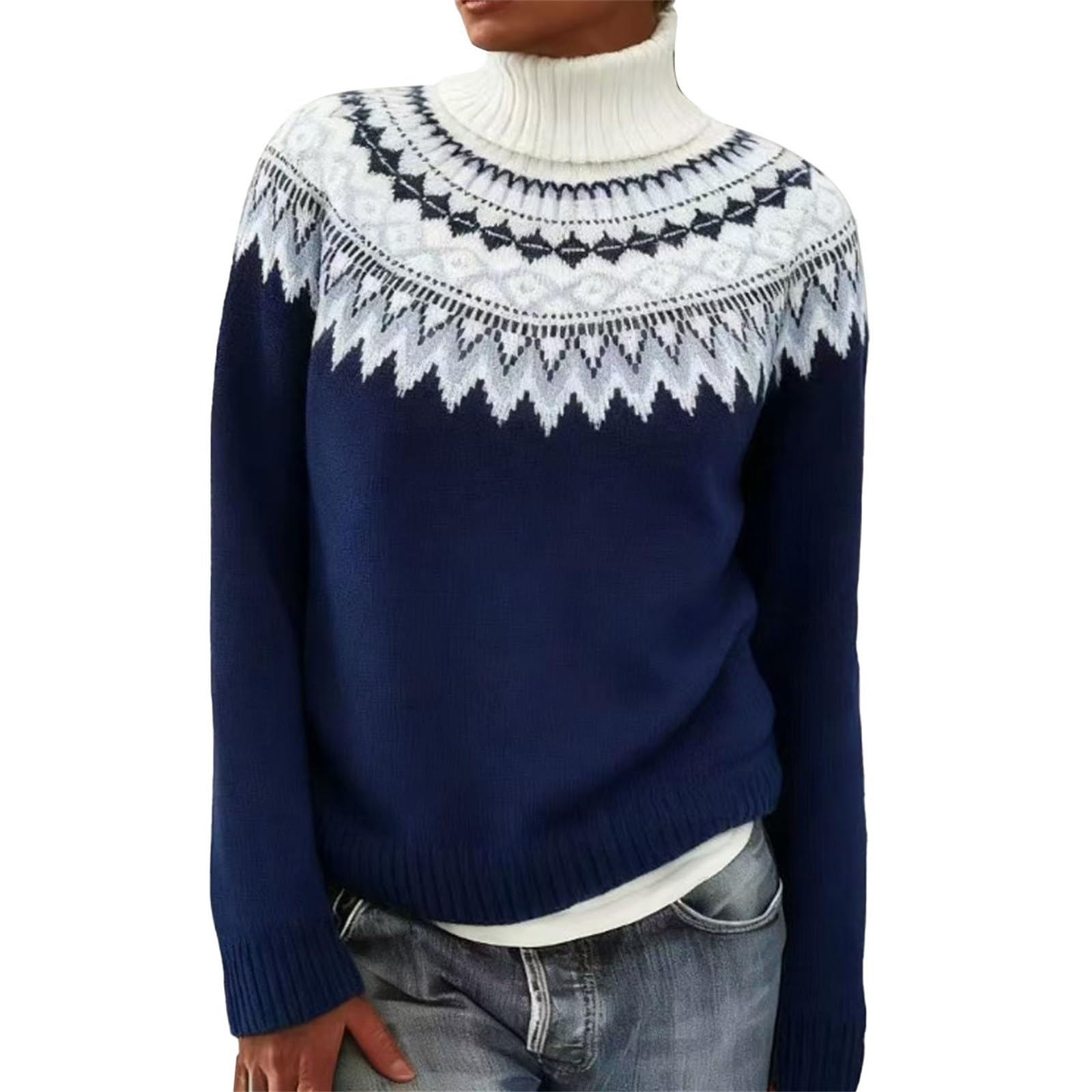 Fair Isle Sweaters for Women Retro Ethnic Argyle Print Turtleneck Chunky Knitted Oversized Pattern Pullover Sweater