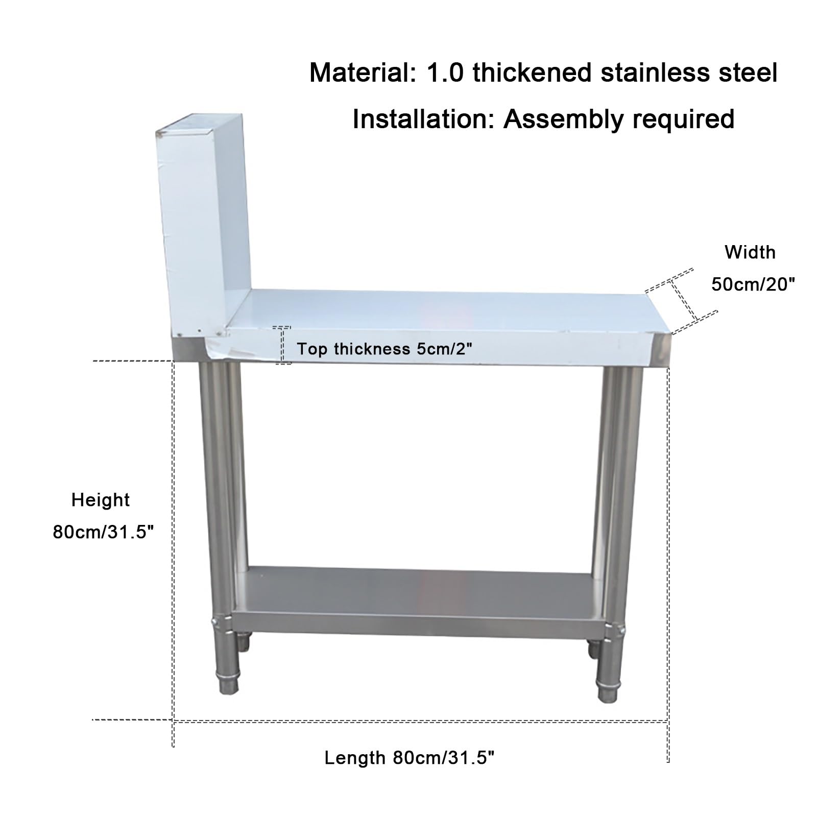Tavolo Acciaio Inox, Tavolo Acciaio Inox Professionali, Metallo Banco da Lavoro Officina, Bancone per Condimenti con Ripiano Inferiore e Alzatine Cucina, per Ristorante(80x50x80cm/31.5x20x31.5 inches)