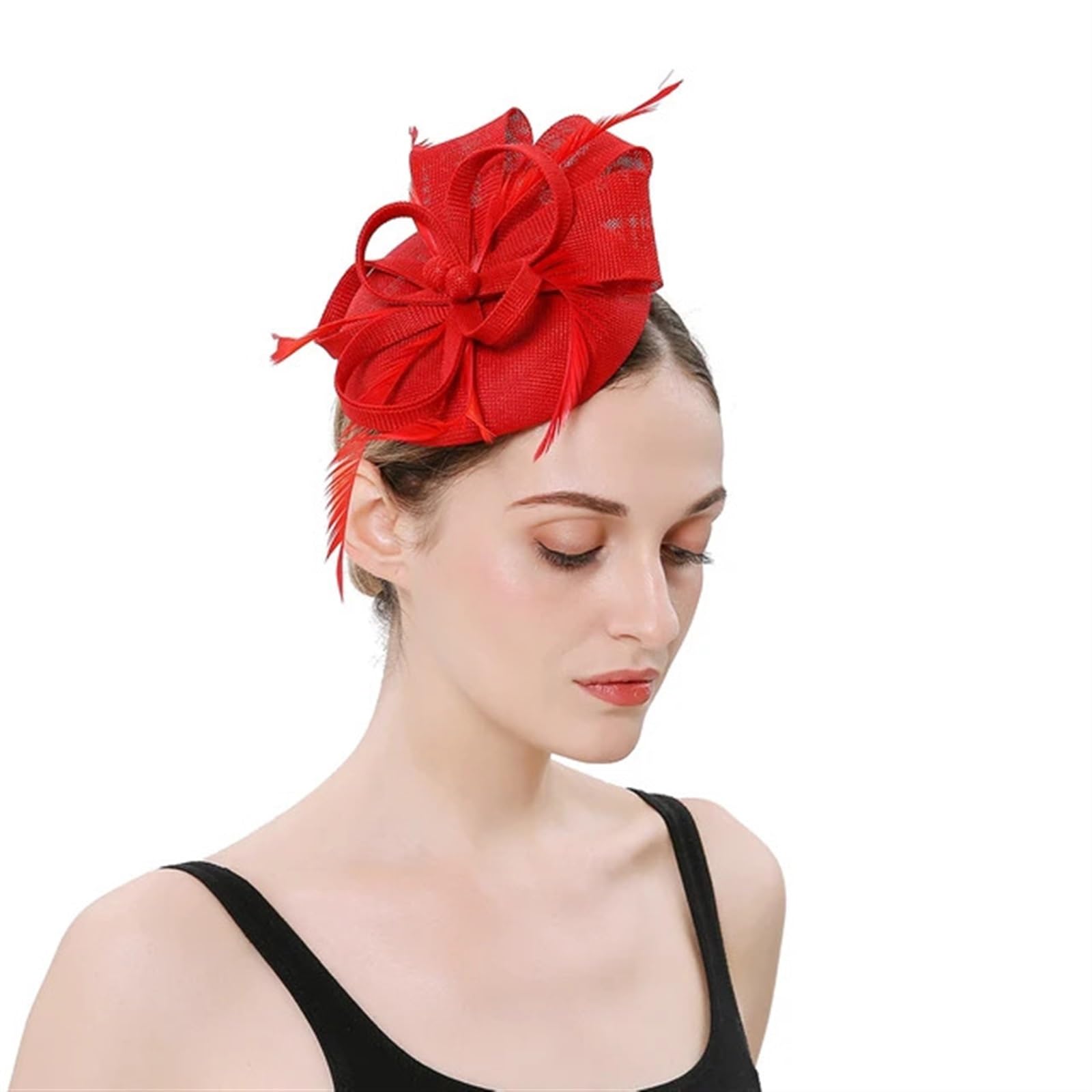 UALXPAO Wedding Hats Women Fascinator Hat Cocktail Wedding Church Headwear Feather Hair Accessories Lady for Tea Party,Weddings(Red)