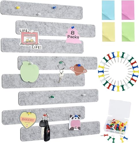 Miniatura 14 de Vuzvuv 8 tiras de tablón de anuncios con 50 chinchetas y 10 clips de madera, tablero de corcho autoadhesivo para pared, tablero de fieltro con Verde