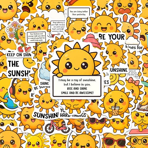 Dodofein Sun Stickers 50PCS Waterproof Vinyl Positive Sunshine Decor for Water Bottles Laptops Journaling Non-Repeating Decals High-Definition Print Gift for Womens
