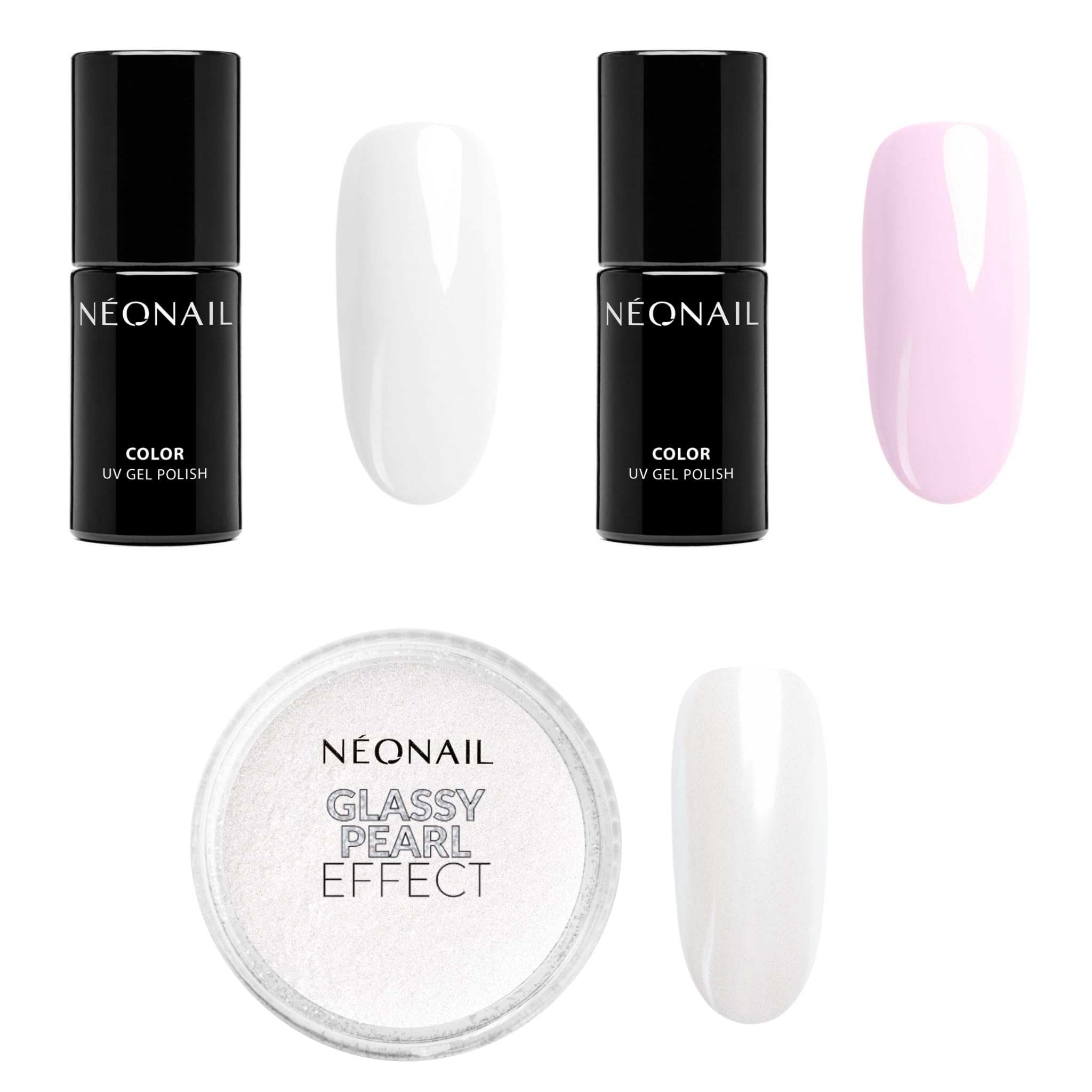 NEONAIL Set UV Pintauñas Semipermanentes 7,2 ml Blanco French White 7,2 ml Rosa French Pink Glassy Pearl Effect 2g - Esmaltes Semipermanentes Para Uñas - Polvo Uñas Efecto Perlado - Efecto Glaseado