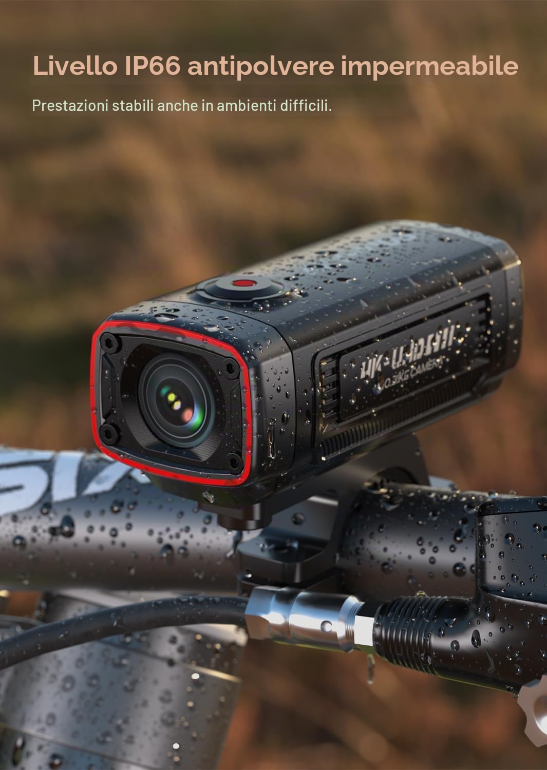 AKY-710S Telecamera per Bicicletta con Supporto, 4K 28fps, 2K 55fps, Grandangolo 142°, IP67, 5MP, Registrazione in Loop e di Emergenza, Monitoraggio del Parcheggio,Sport All'aperto, Scheda da 64 GB