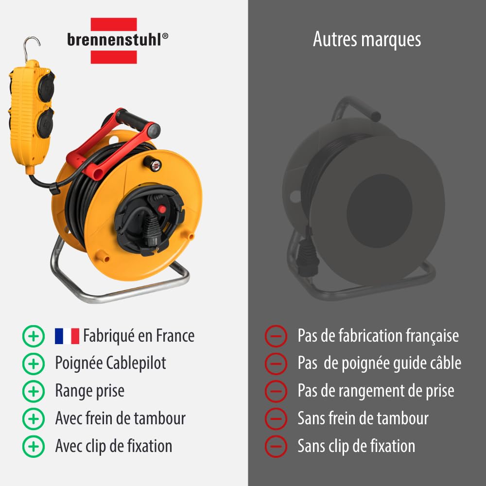 Brennenstuhl Enrouleur de câble Standard BT Pro avec rallonge supplémentaire et bloc mobile à 4 prises de courant (40m de câble H07RN-F 3G1,5, utilisation en extérieur, fabriqué en France)