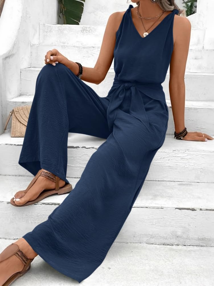 shownicer Combinaison Femme Ete Sans Manches Col en V Jumpsuit Élégant Couleur Unie Combishort