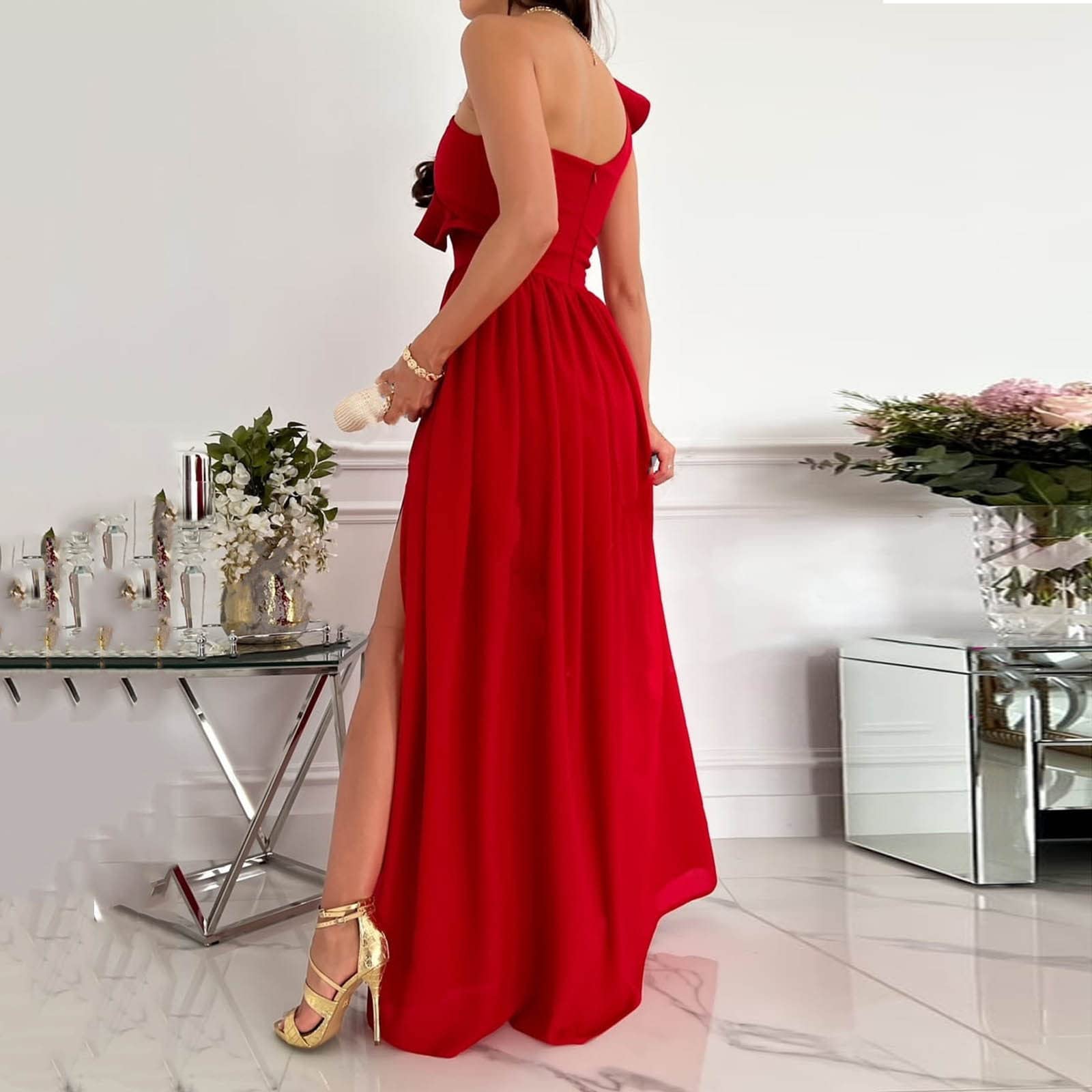 2023 Vestidos Largo Mujer Moda Color sólido Fiesta Vestido de Noche un Hombro Volante Elegante Vestidos de Cóctel sin Manga Extra Larga Casual Vestido Partido Novia Boda Vestir