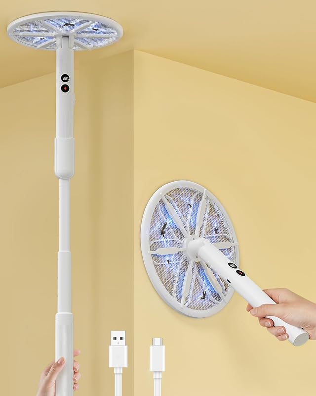 Matamoscas eléctrico con cabezal giratorio con mango telescópico de 16 a 40 pulgadas, 4000 V | 2 en 1 UV USB recargable para interiores y exteriores, trampa para matar mosquitos para techos y paredes