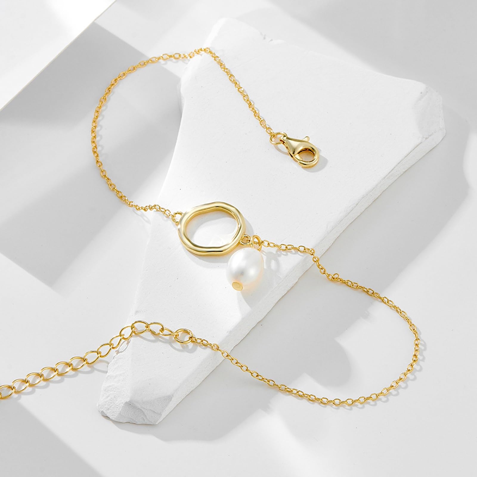 Pulsera tobillera con círculo irregular con perla para mujer, oro de 18 quilates con perla, pulsera tobillera para mujer, oro amarillo de 9 quilates, 14 y 18 quilates