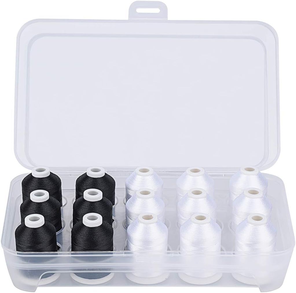 Simthread Polyester Machine Embroidery Thread 1000M with Storage Box 15 Spools Set for Embroidery Quilting Machine - 9 White + 6 Black