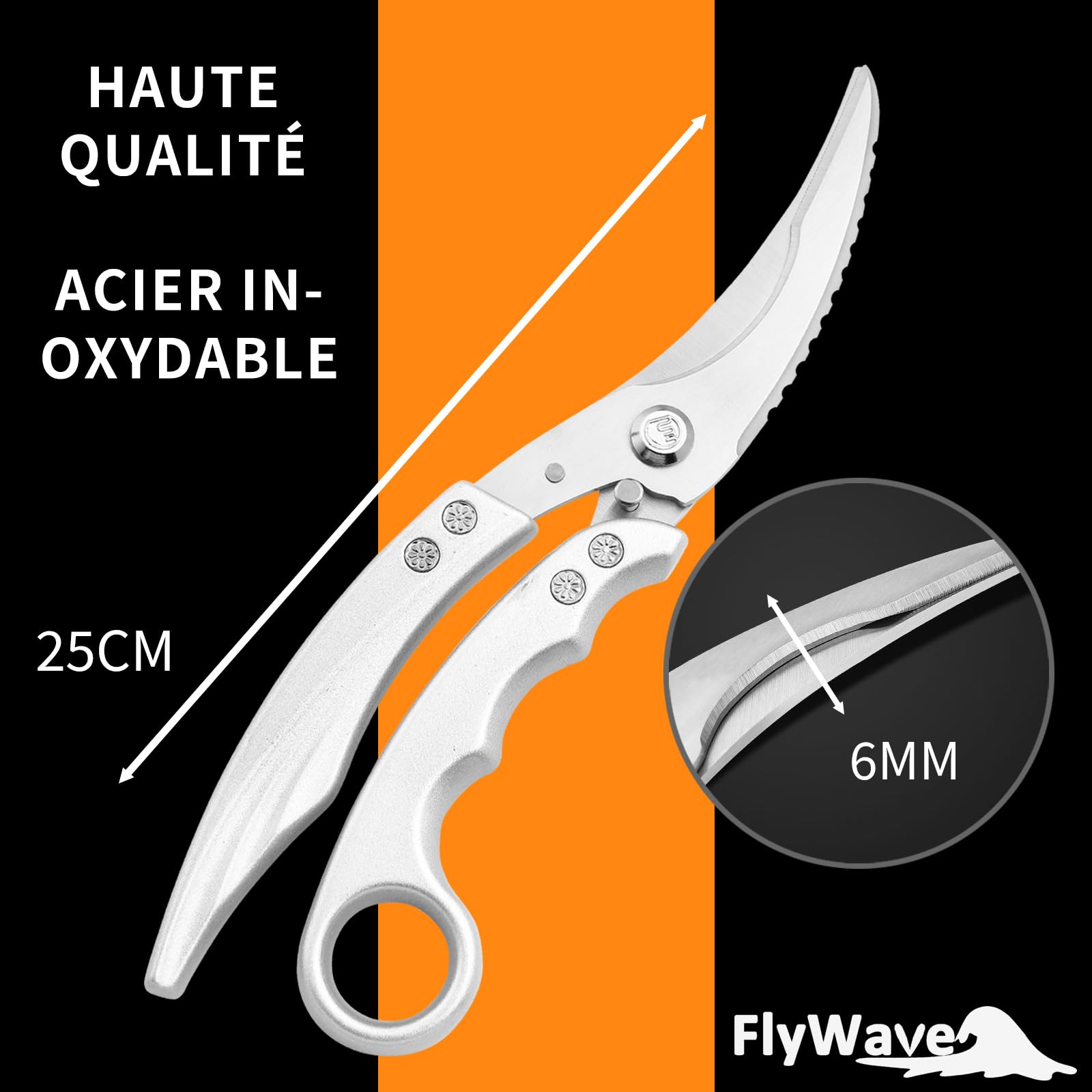 FlyWave Ciseaux de Cuisine Professionnels Multifonctions, Ciseaux à Volaille, Sécateur à Volaille, Ciseaux Poisson, Inox, Tout pour la Cuisine