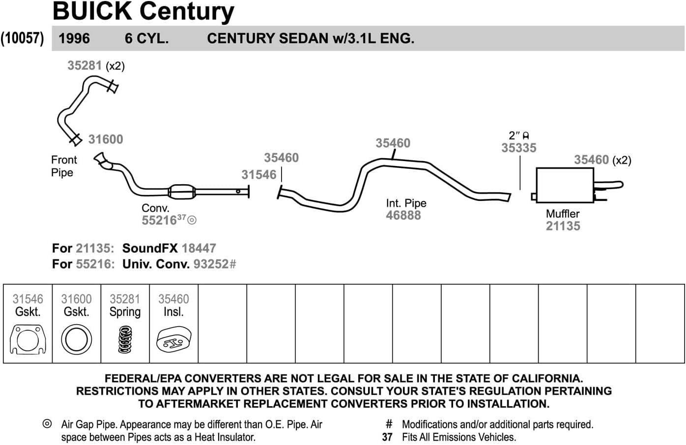 Walker 46888 Exhaust Pipe 2" Outlet (OD) for Oldsmobile Cutlass Ciera