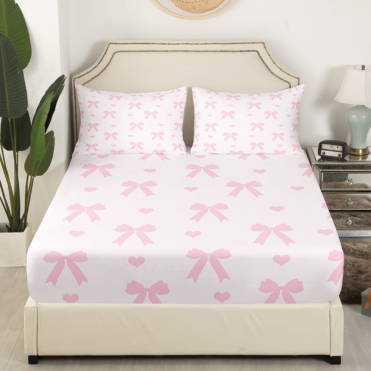 Pink Bowknot Bed Sheet Set Princess Style Bow Dreamy Bow-tie Sheet Sets Deep Pocket(No Flat Sheet),Cute Love Hearts Romantic Valentine's Day Mattress Cover,Single with 1 Pillowcase - Image 3