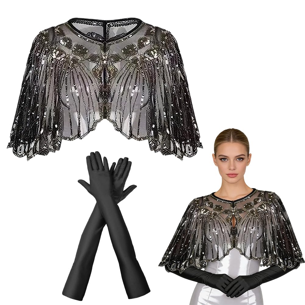 2 Pièces Châle Années 1920 avec Paillettes et Perles, Cape Soirée Vintage, Gants Longs Satin Femme, Accessoires Party pour Robe de Mariage, Soirée à Thème, Bal