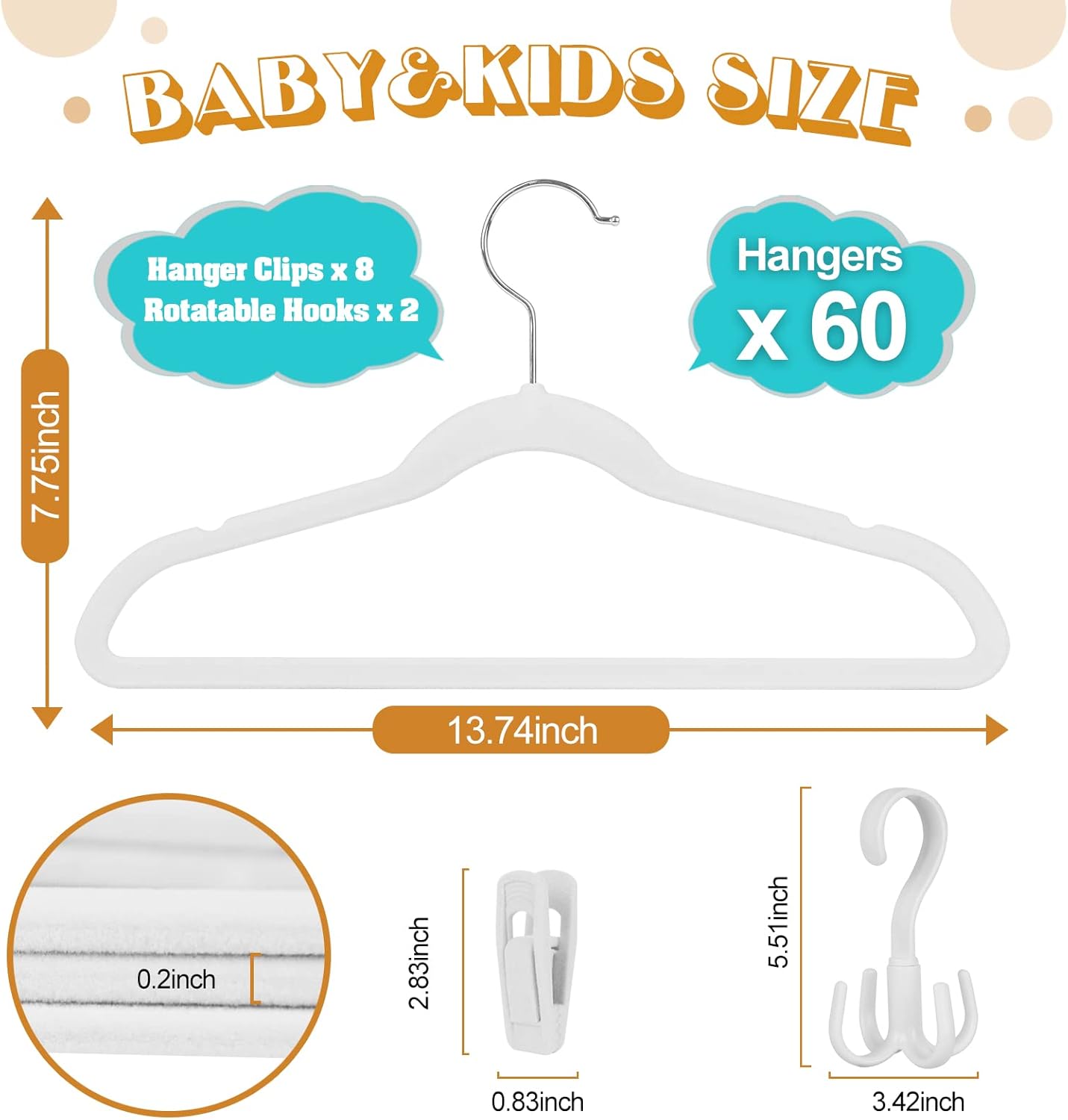 Tinfol White Velvet Kids Hangers 60 Pack, 14 Inch Premium Ultra Thin Cute Childrens Clothes Hangers for Closet, Small Non Slip Felt Toddler Hangers for Kids Clothes