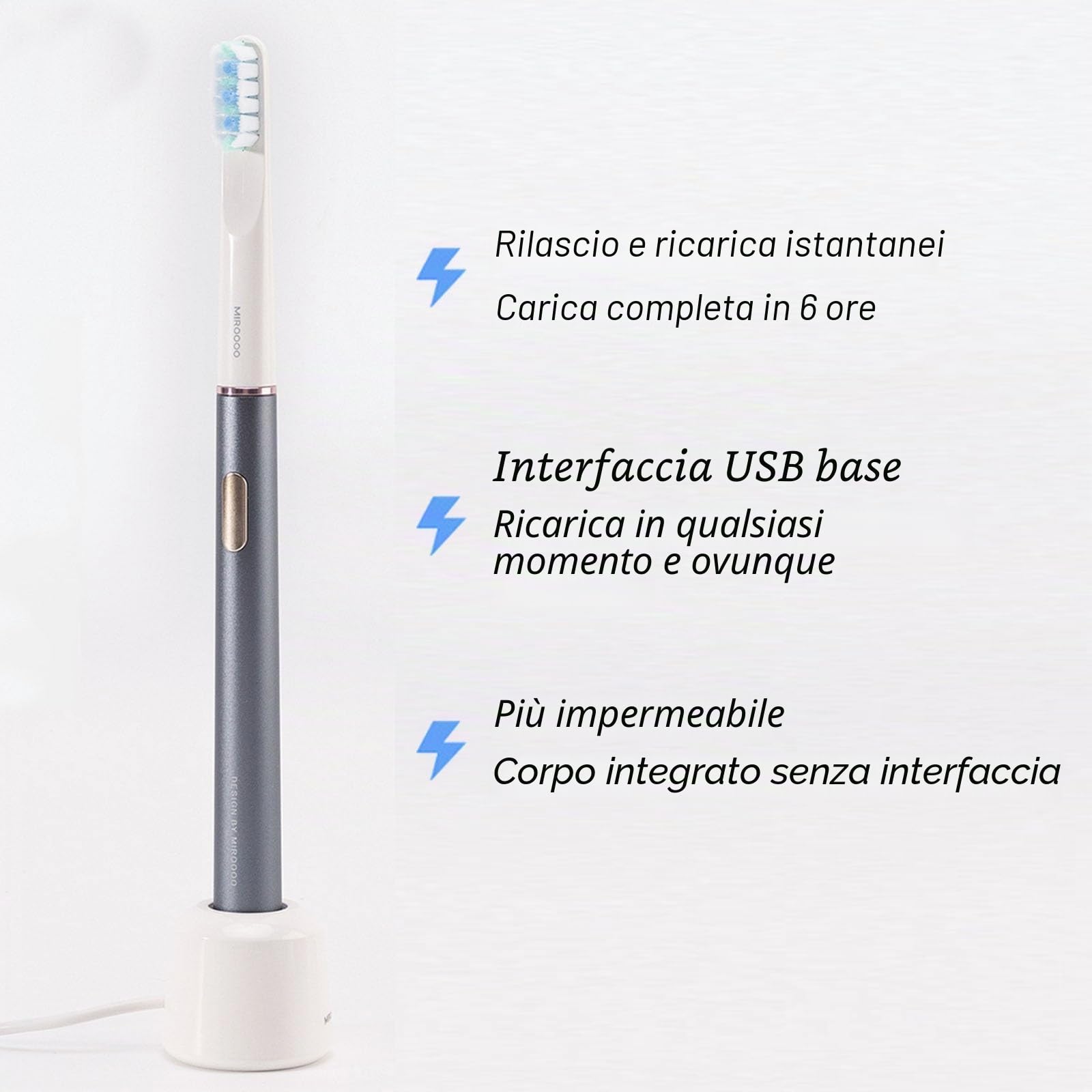 Miroshine Electric Toothbrush, Rechargeable Travel Toothbrush with 2 Brush Heads And Travel Case, 2 Mins Smart Timer, 3 Modes, Ipx7 Waterproof, 30s Intelligent Zone Change Prompt(Silver)