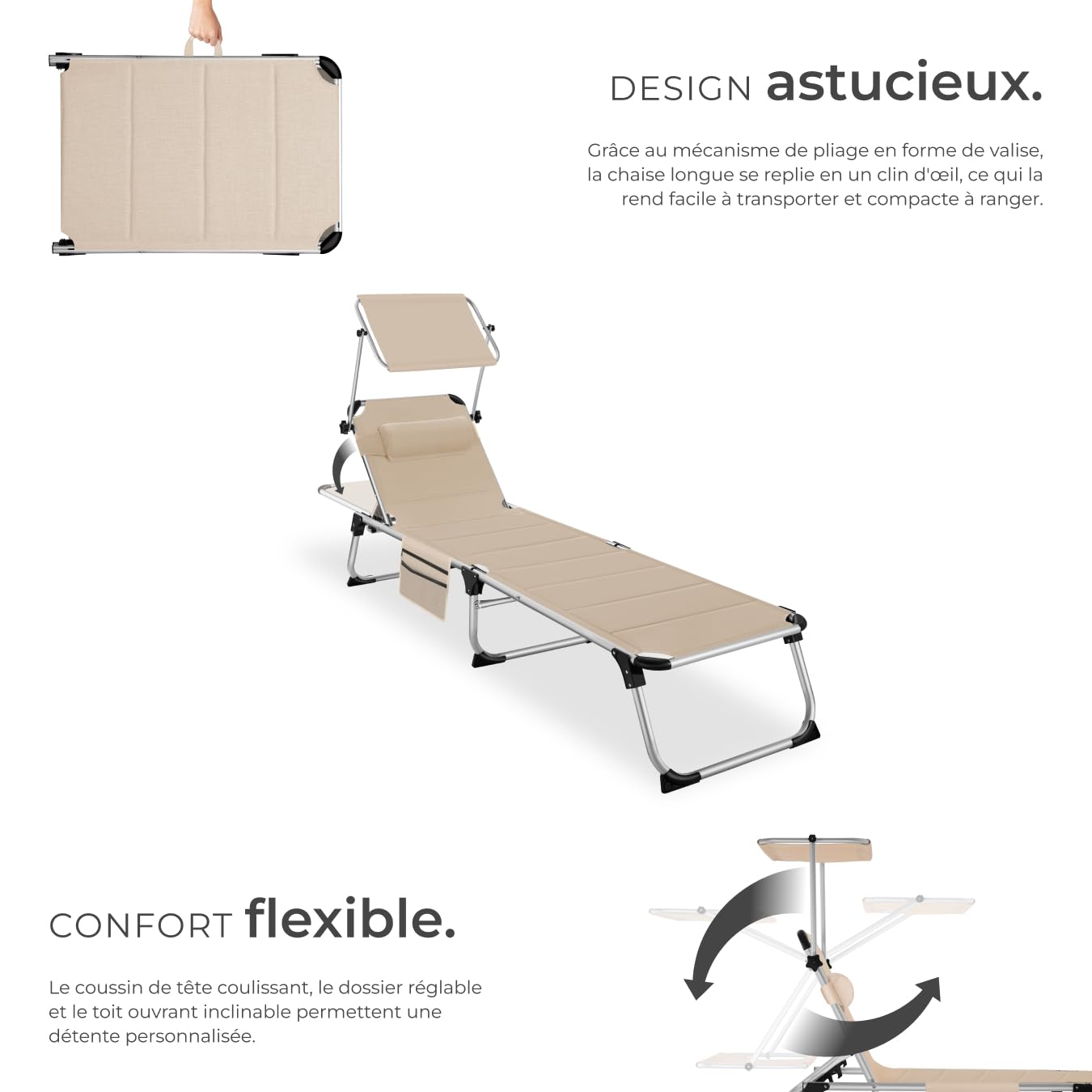 tectake® Chaise Longue Pliante Bain de Soleil Jardin Exterieur avec Pare Soleil et Appuie-tête, Chaise Longue inclinable en Aluminium, Transat de Plage Relax Jardin Camping Salon de Jardin Exterieur
