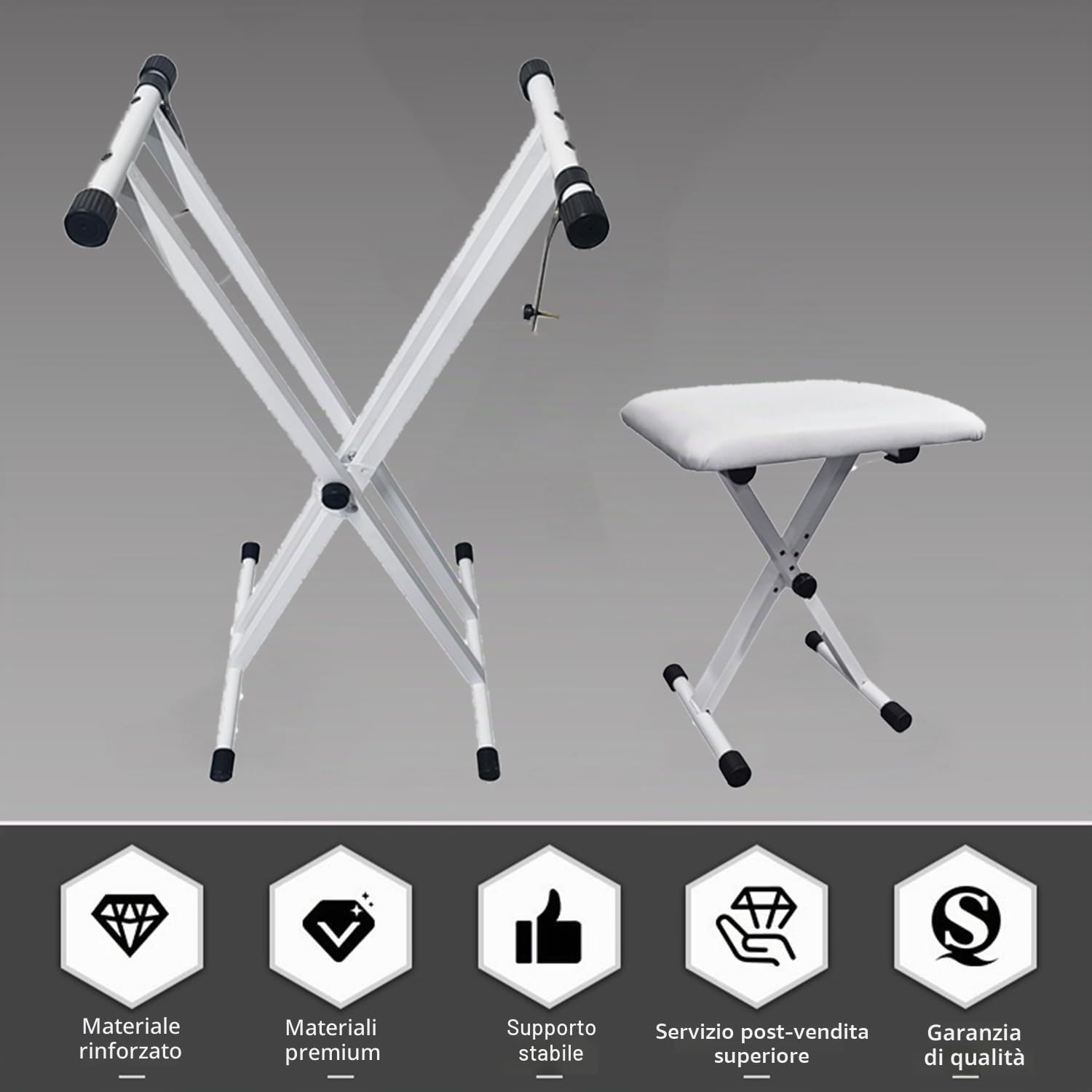 Supporto Tastiera e Sgabello,X-Frame Pieghevole Keyboard Stand Set Di Sgabelli,Supporto Regolabile In 5 Altezze & Panchetta Imbottita Regolabile In 3 Altezze,Doppio Tubo,Robusto,Per Pianoforte(Bianco)