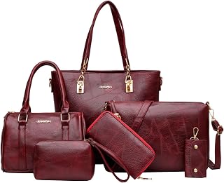 Women's 6Pcs Handbag and Handbag Set Hobo Bag Shoulder Bag Top-Handle Bag Clutch Wallet, wine